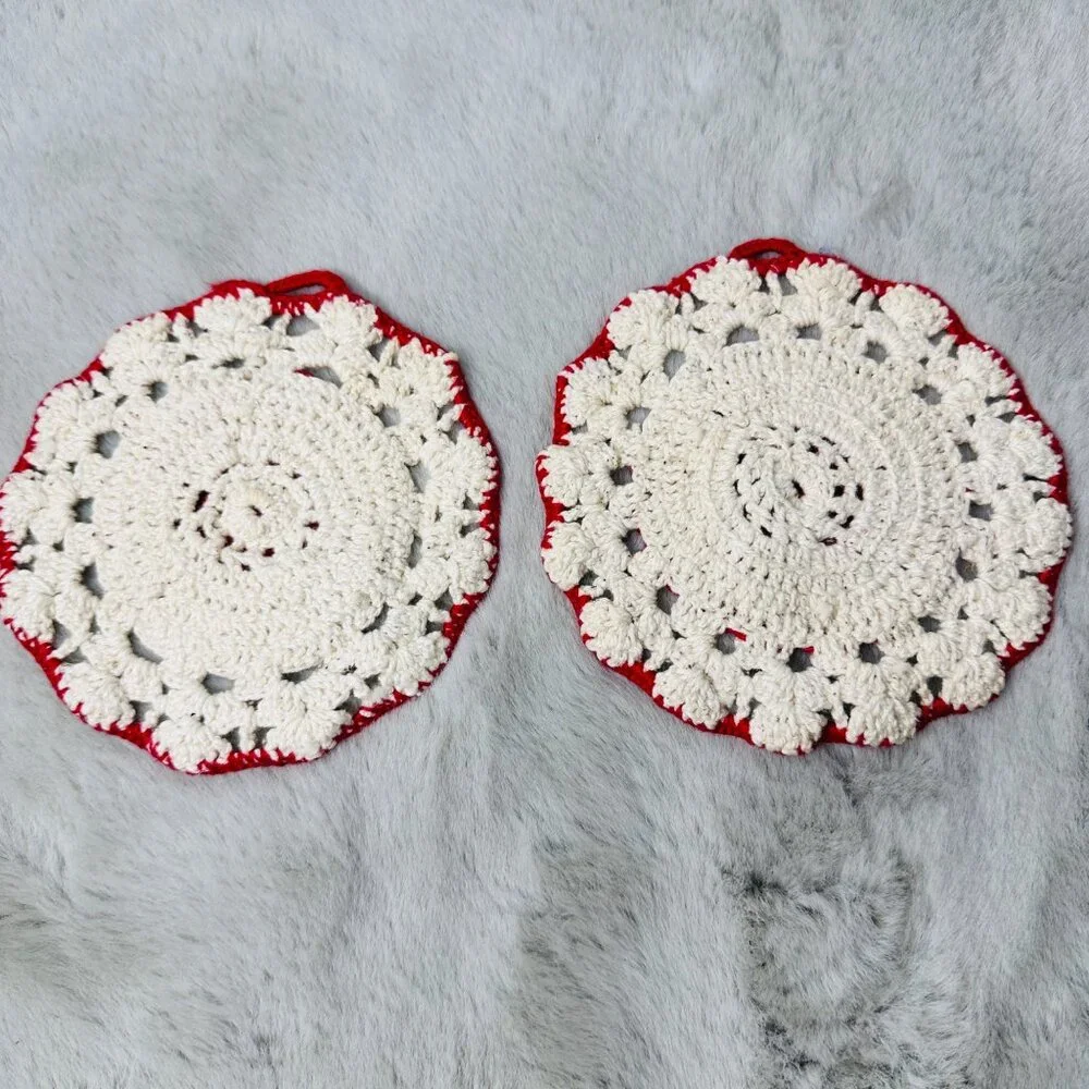Vintage‎ Crochet Doilies Coaster Holiday Festive Cotton Handmade Red 5Inch